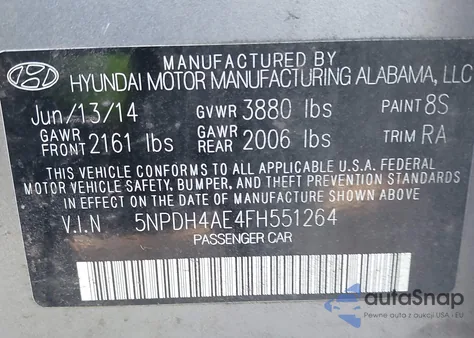 2015 Hyundai Elantra Limited from USA, damaged, VIN 5NPDH4AE4FH551264